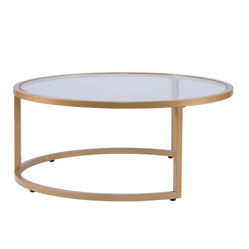 Table basse gigogne ronde à plateau en verre et piètement doré, lot de 2