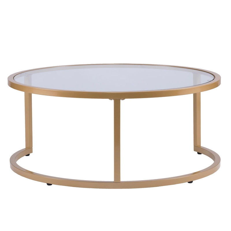 Table basse gigogne ronde à plateau en verre et piètement doré, lot de 2