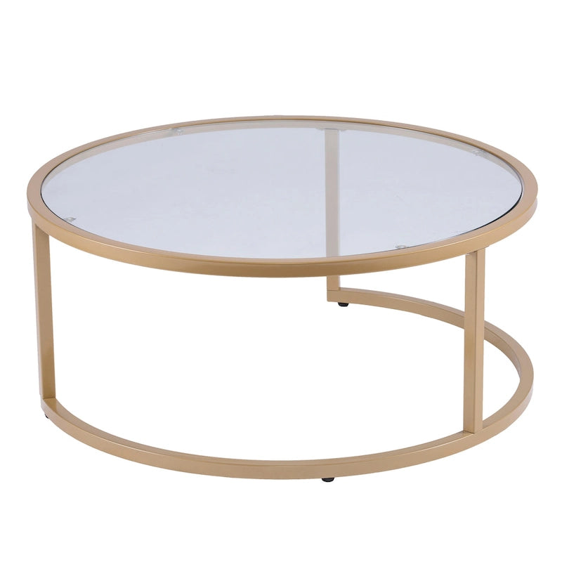 Table basse gigogne ronde à plateau en verre et piètement doré, lot de 2