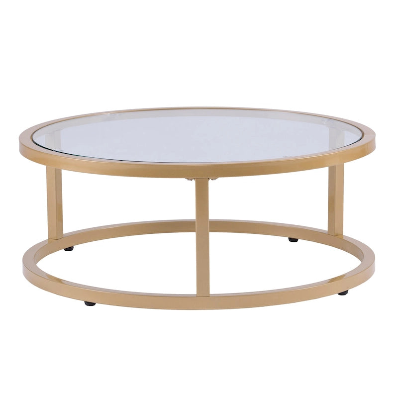 Table basse gigogne ronde à plateau en verre et piètement doré, lot de 2