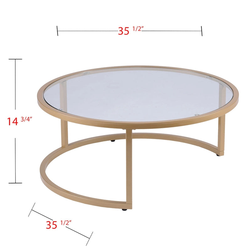 Table basse gigogne ronde à plateau en verre et piètement doré, lot de 2