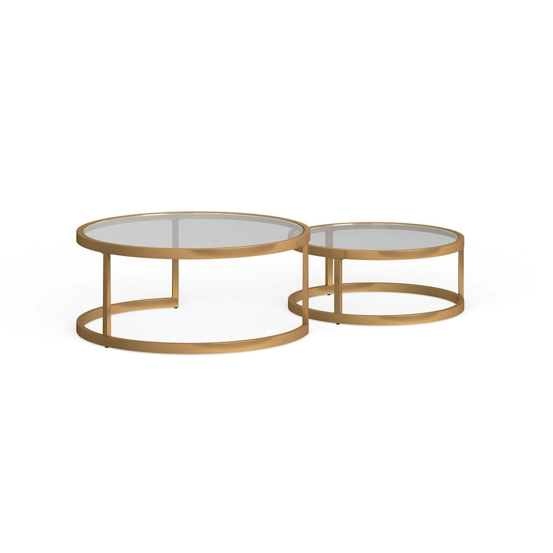 Table basse gigogne ronde à plateau en verre et piètement doré, lot de 2