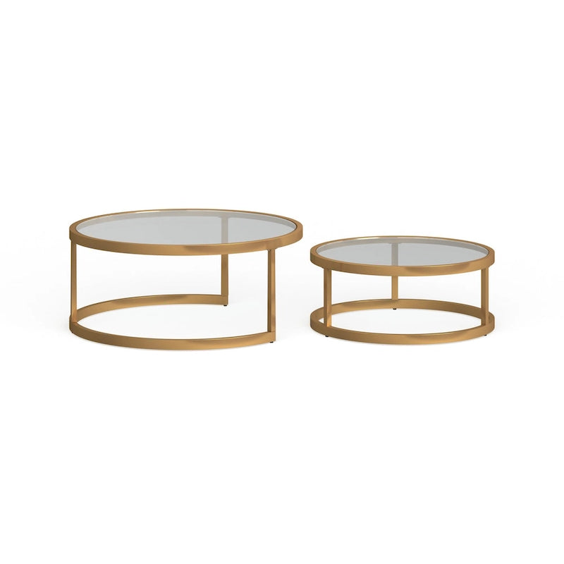 Table basse gigogne ronde à plateau en verre et piètement doré, lot de 2