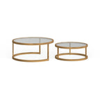 Table basse gigogne ronde à plateau en verre et piètement doré, lot de 2