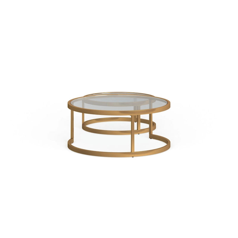 Table basse gigogne ronde à plateau en verre et piètement doré, lot de 2