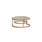 Table basse gigogne ronde à plateau en verre et piètement doré, lot de 2