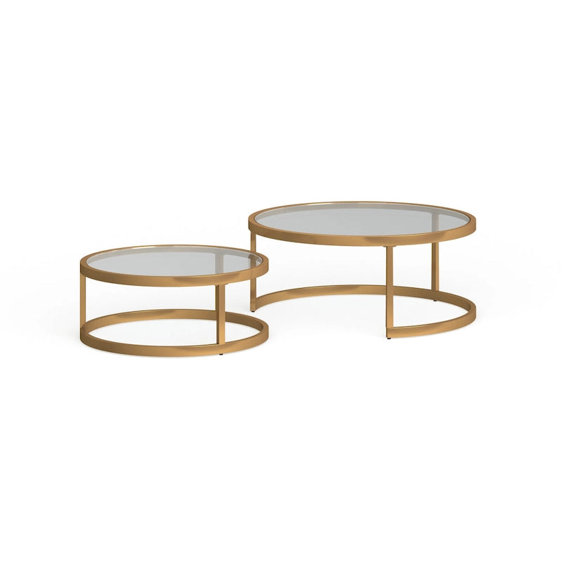 Table basse gigogne ronde à plateau en verre et piètement doré, lot de 2