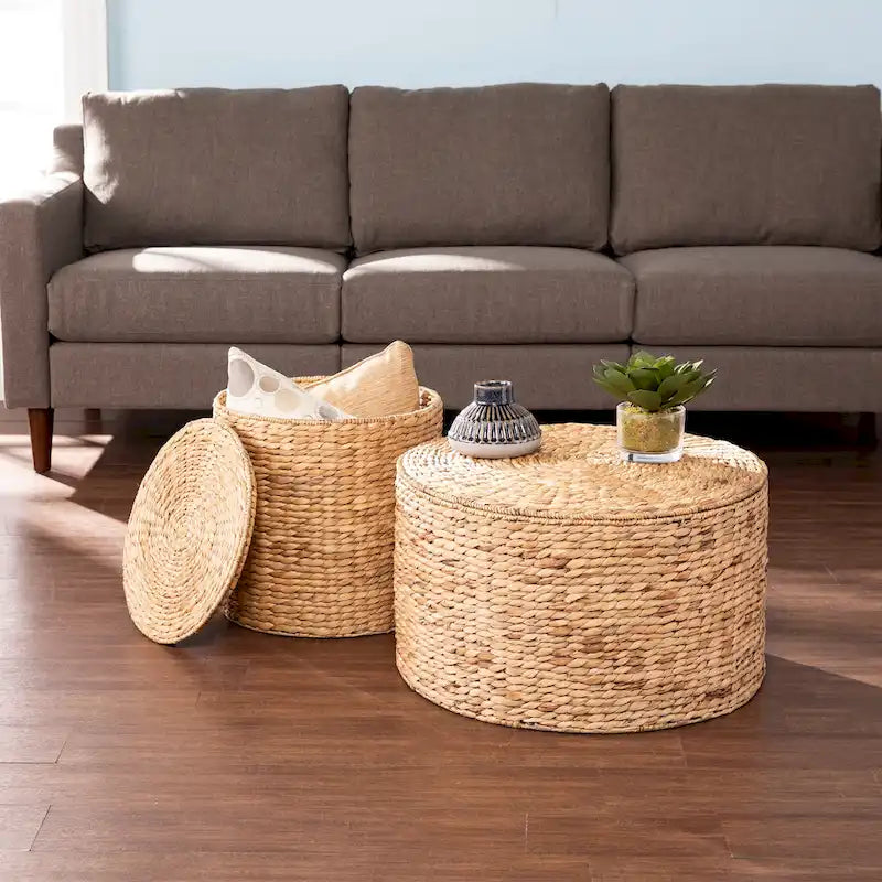 Tables rondes de rangement en jacinthe d'eau tressée naturelle, lot de 2