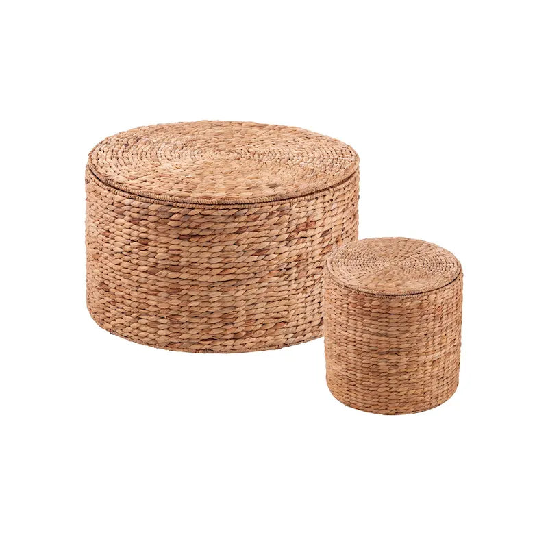 Tables rondes de rangement en jacinthe d'eau tressée naturelle, lot de 2