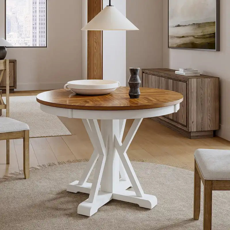 Table de salle à manger ronde de style campagnard, naturelle et blanche, 4 places