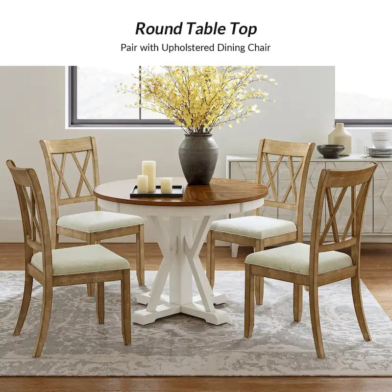 Table de salle à manger ronde de style campagnard, naturelle et blanche, 4 places