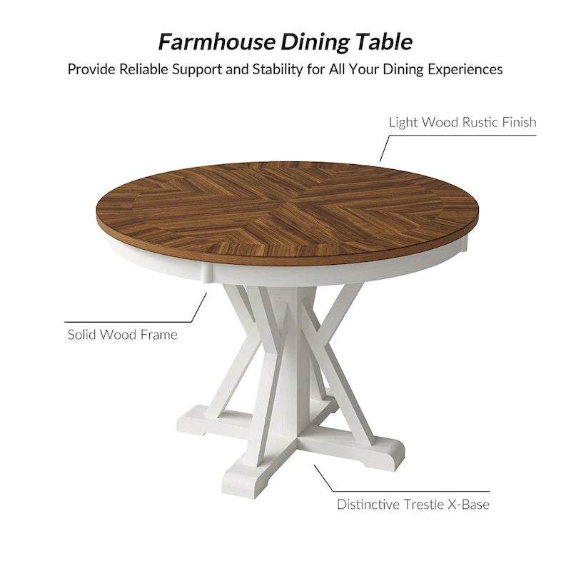 Table de salle à manger ronde de style campagnard, naturelle et blanche, 4 places