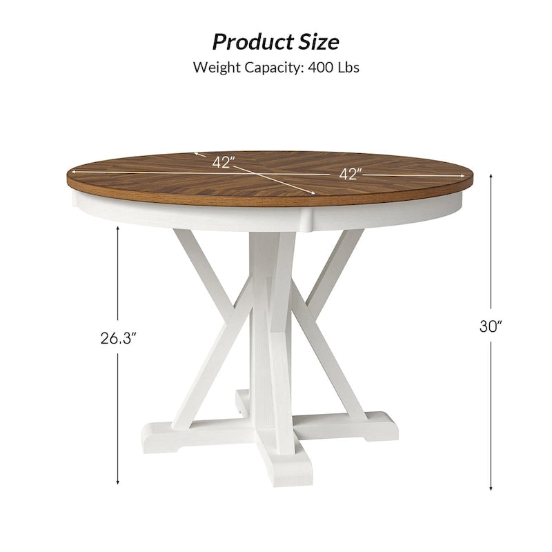 Table de salle à manger ronde de style campagnard, naturelle et blanche, 4 places