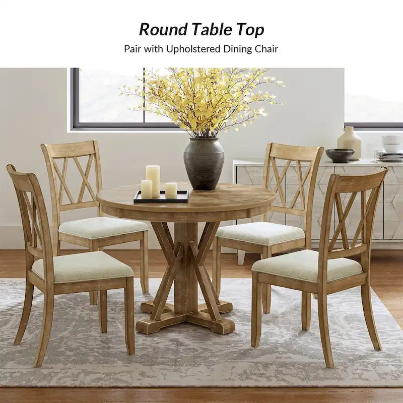 Table de salle à manger ronde de style campagnard, naturelle et blanche, 4 places