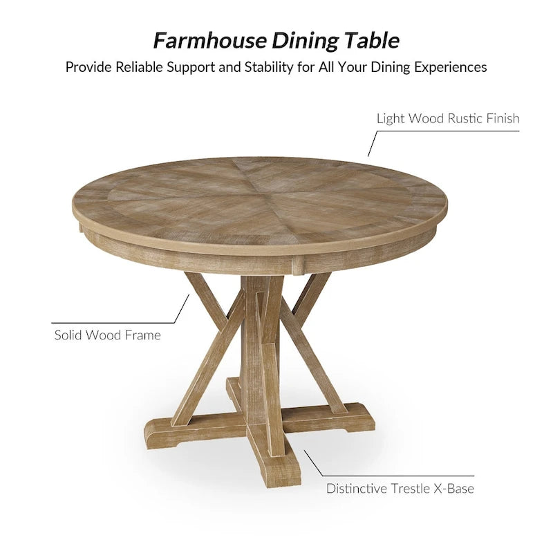 Table de salle à manger ronde de style campagnard, naturelle et blanche, 4 places