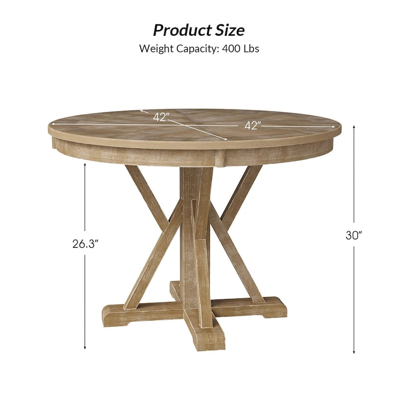 Table de salle à manger ronde de style campagnard, naturelle et blanche, 4 places