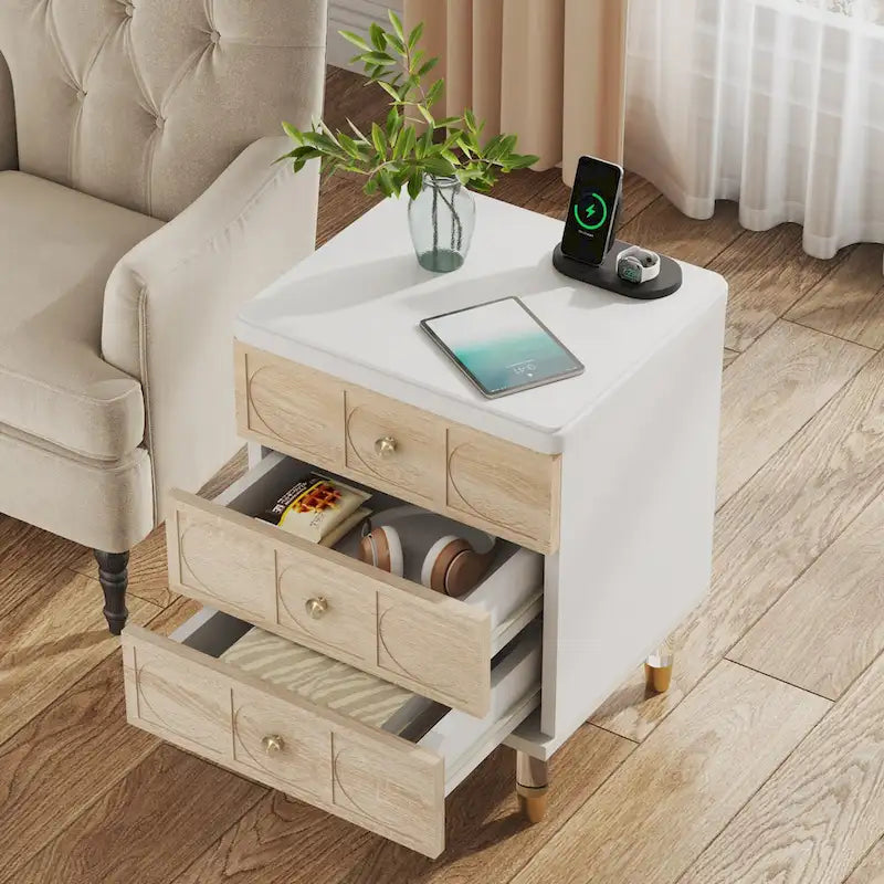 Table de chevet blanche et dorée à 3 tiroirs, simple, table d'appoint pour chambre et salon