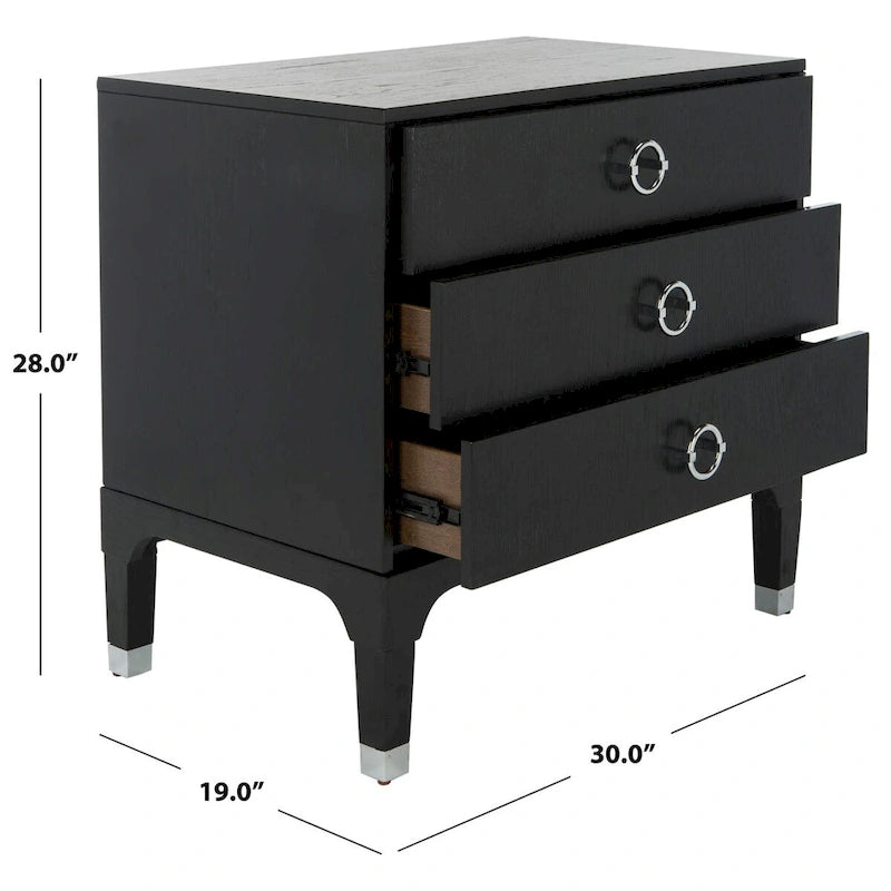 Table de chevet à 3 tiroirs en placage de bois de chêne / noir, 1 personne