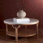 Table basse ronde à 2 niveaux, plateau en marbre et base en bois, 1 place