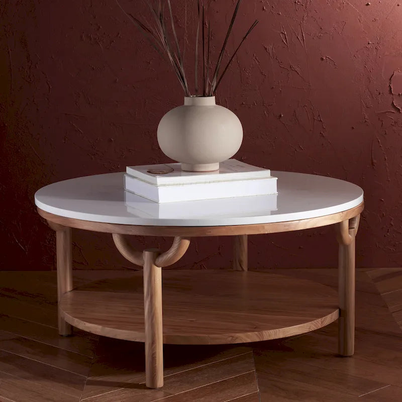 Table basse ronde à 2 niveaux, plateau en marbre et base en bois, 1 place
