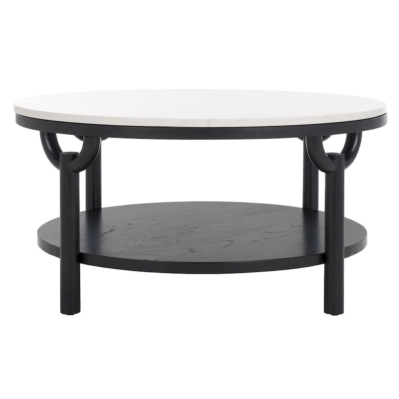Table basse ronde à 2 niveaux, plateau en marbre et base en bois, 1 place