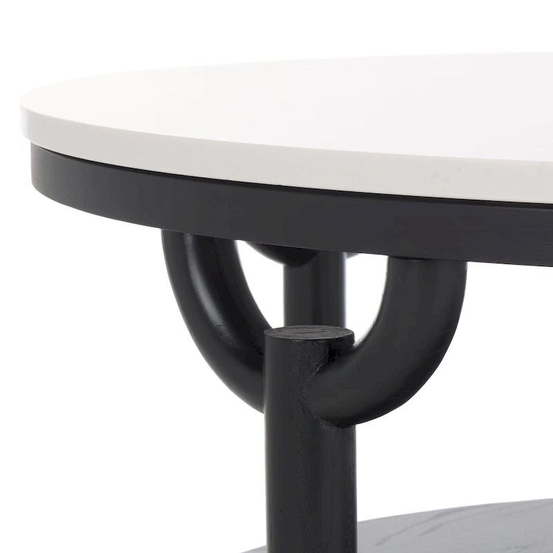 Table basse ronde à 2 niveaux, plateau en marbre et base en bois, 1 place