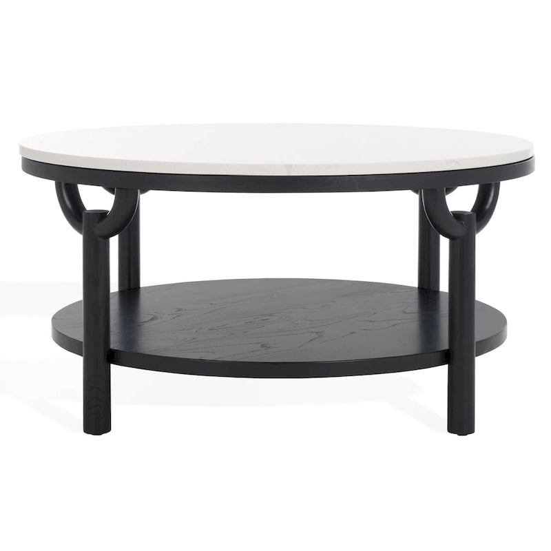 Table basse ronde à 2 niveaux, plateau en marbre et base en bois, 1 place