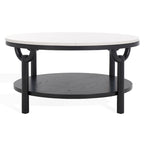 Table basse ronde à 2 niveaux, plateau en marbre et base en bois, 1 place