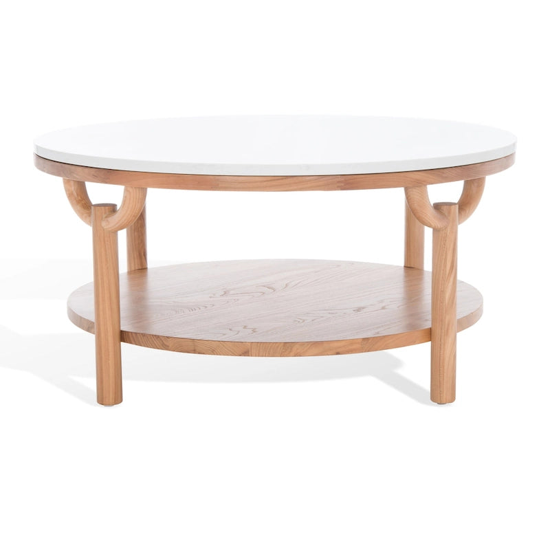 Table basse ronde à 2 niveaux, plateau en marbre et base en bois, 1 place