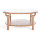 Table basse ronde à 2 niveaux, plateau en marbre et base en bois, 1 place