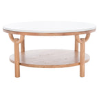 Table basse ronde à 2 niveaux, plateau en marbre et base en bois, 1 place
