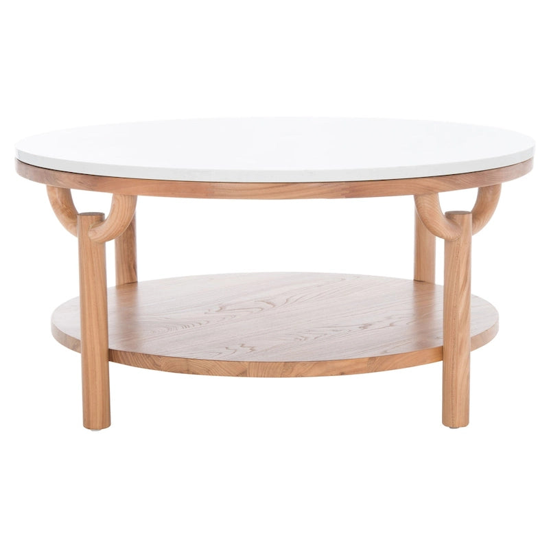 Table basse ronde à 2 niveaux, plateau en marbre et base en bois, 1 place