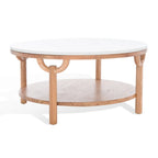 Table basse ronde à 2 niveaux, plateau en marbre et base en bois, 1 place