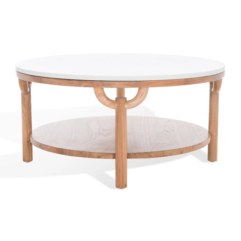 Table basse ronde à 2 niveaux, plateau en marbre et base en bois, 1 place