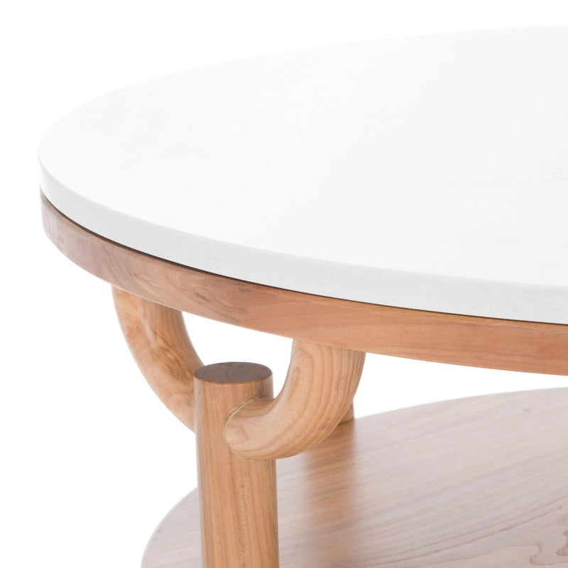 Table basse ronde à 2 niveaux, plateau en marbre et base en bois, 1 place