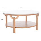Table basse ronde à 2 niveaux, plateau en marbre et base en bois, 1 place