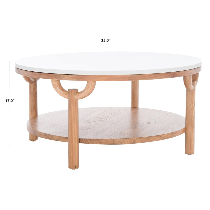 Table basse ronde à 2 niveaux, plateau en marbre et base en bois, 1 place