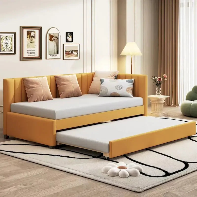 Lit de repos capitonné simple avec lit gigogne – Jaune / Gris / Beige / Rose, Semi-fermé, 2 couchages