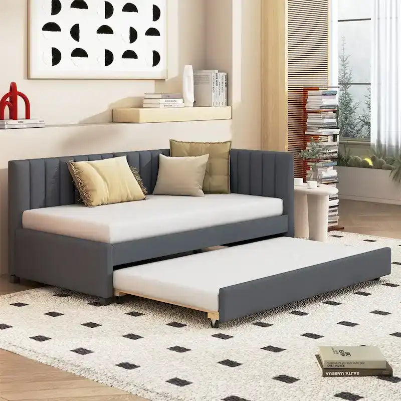 Lit de repos capitonné simple avec lit gigogne – Jaune / Gris / Beige / Rose, Semi-fermé, 2 couchages