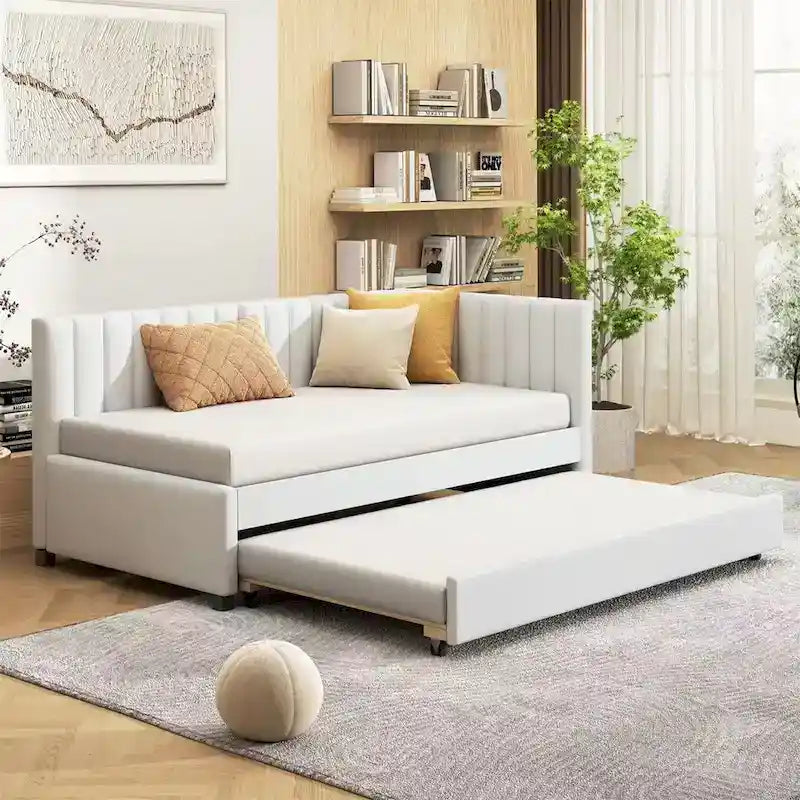 Lit de repos capitonné simple avec lit gigogne – Jaune / Gris / Beige / Rose, Semi-fermé, 2 couchages