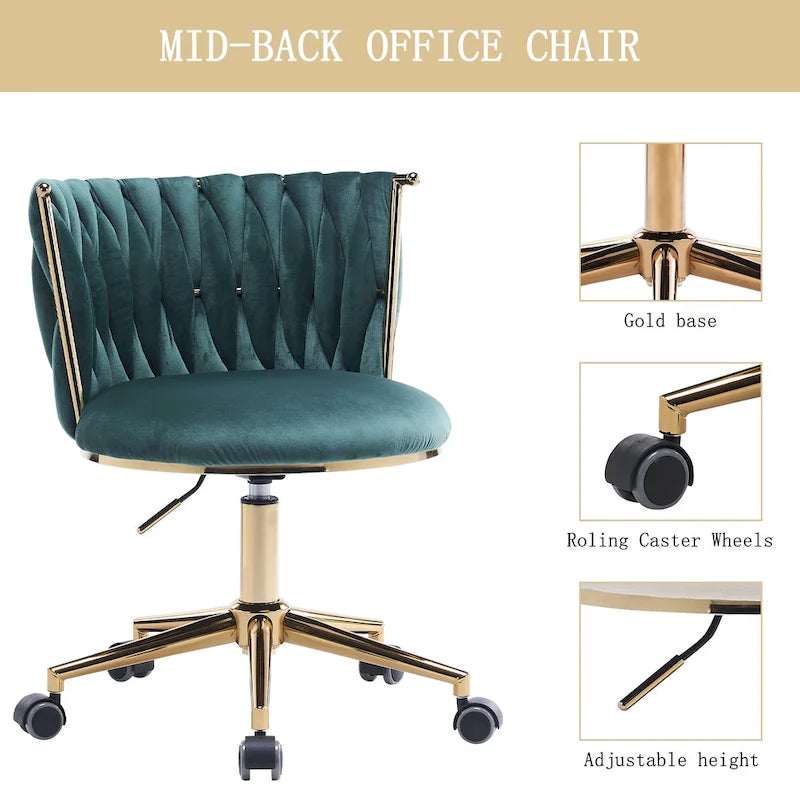 Chaise de bureau pivotante en velours avec roulettes – Beige / Vert / Rose / Noir / Gris, Individuel