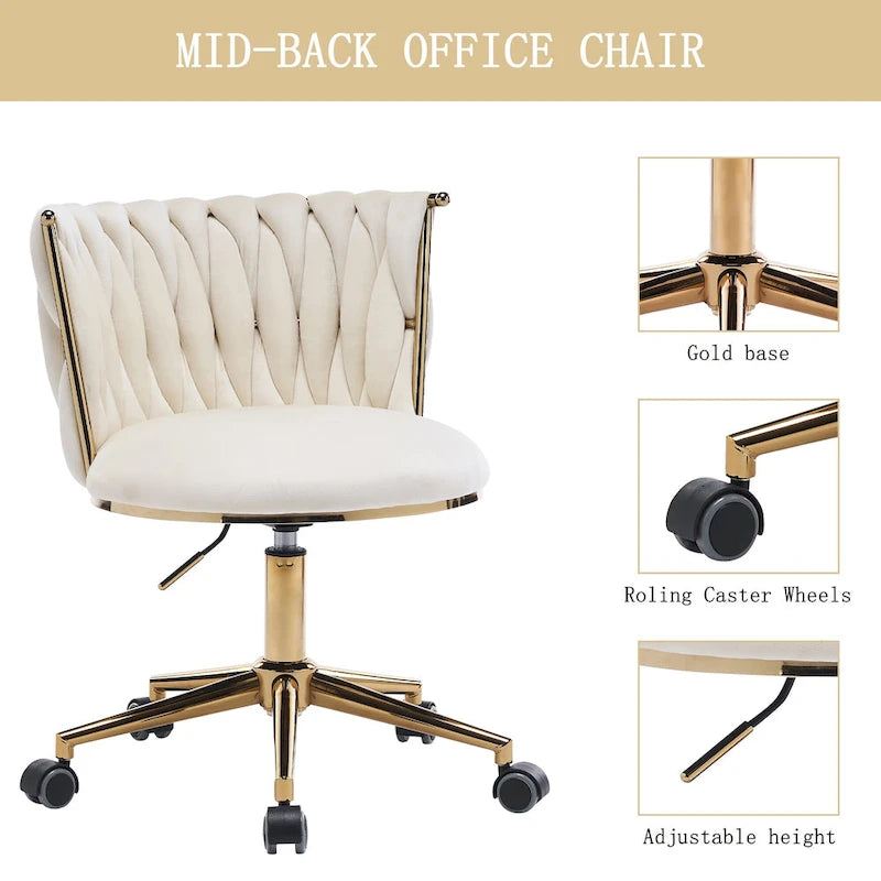 Chaise de bureau pivotante en velours avec roulettes – Beige / Vert / Rose / Noir / Gris, Individuel