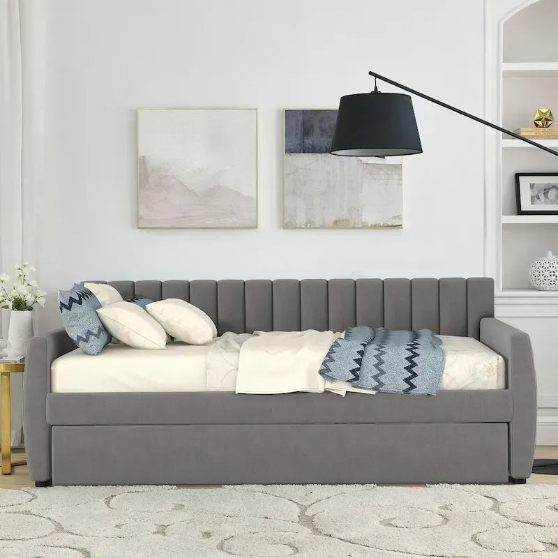 Lit de repos double en velours gris/beige avec lit gigogne, pour 2 personnes