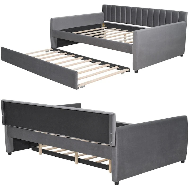 Lit de repos double en velours gris/beige avec lit gigogne, pour 2 personnes