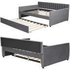 Lit de repos double en velours gris/beige avec lit gigogne, pour 2 personnes