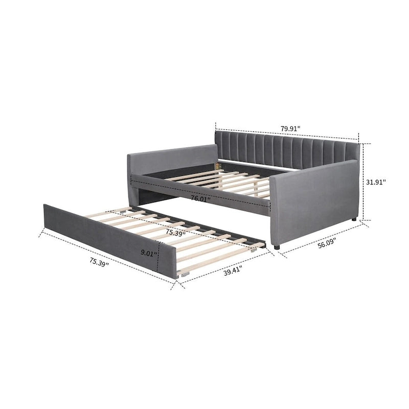 Lit de repos double en velours gris/beige avec lit gigogne, pour 2 personnes