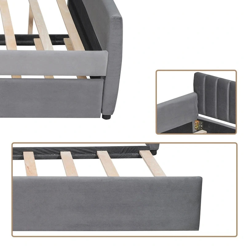 Lit de repos double en velours gris/beige avec lit gigogne, pour 2 personnes