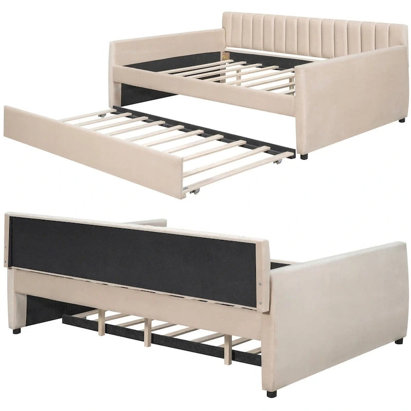 Lit de repos double en velours gris/beige avec lit gigogne, pour 2 personnes