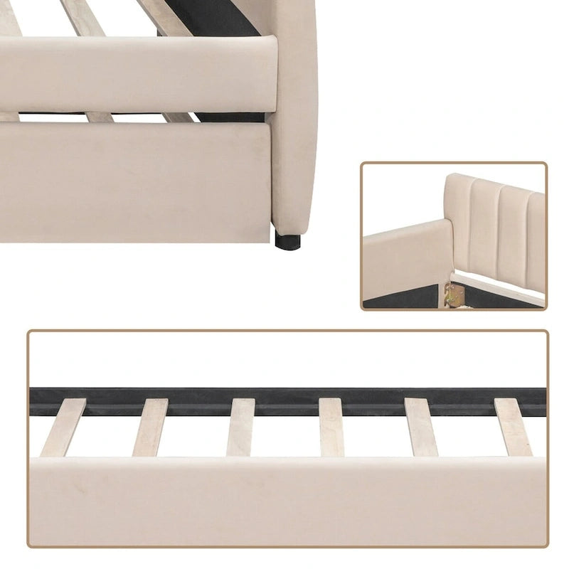 Lit de repos double en velours gris/beige avec lit gigogne, pour 2 personnes