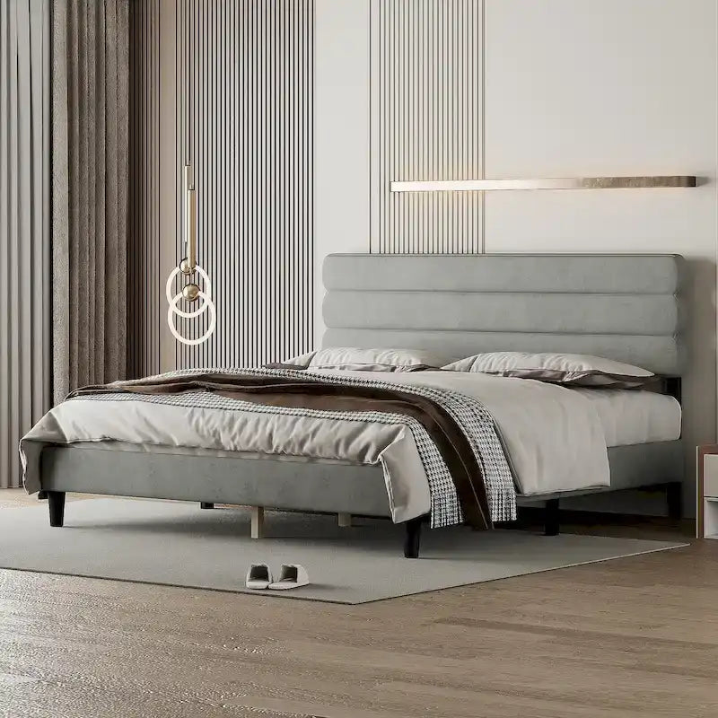 Cadre de lit plateforme rembourré gris clair / gris foncé / vert avec tête de lit, taille double, pour 2